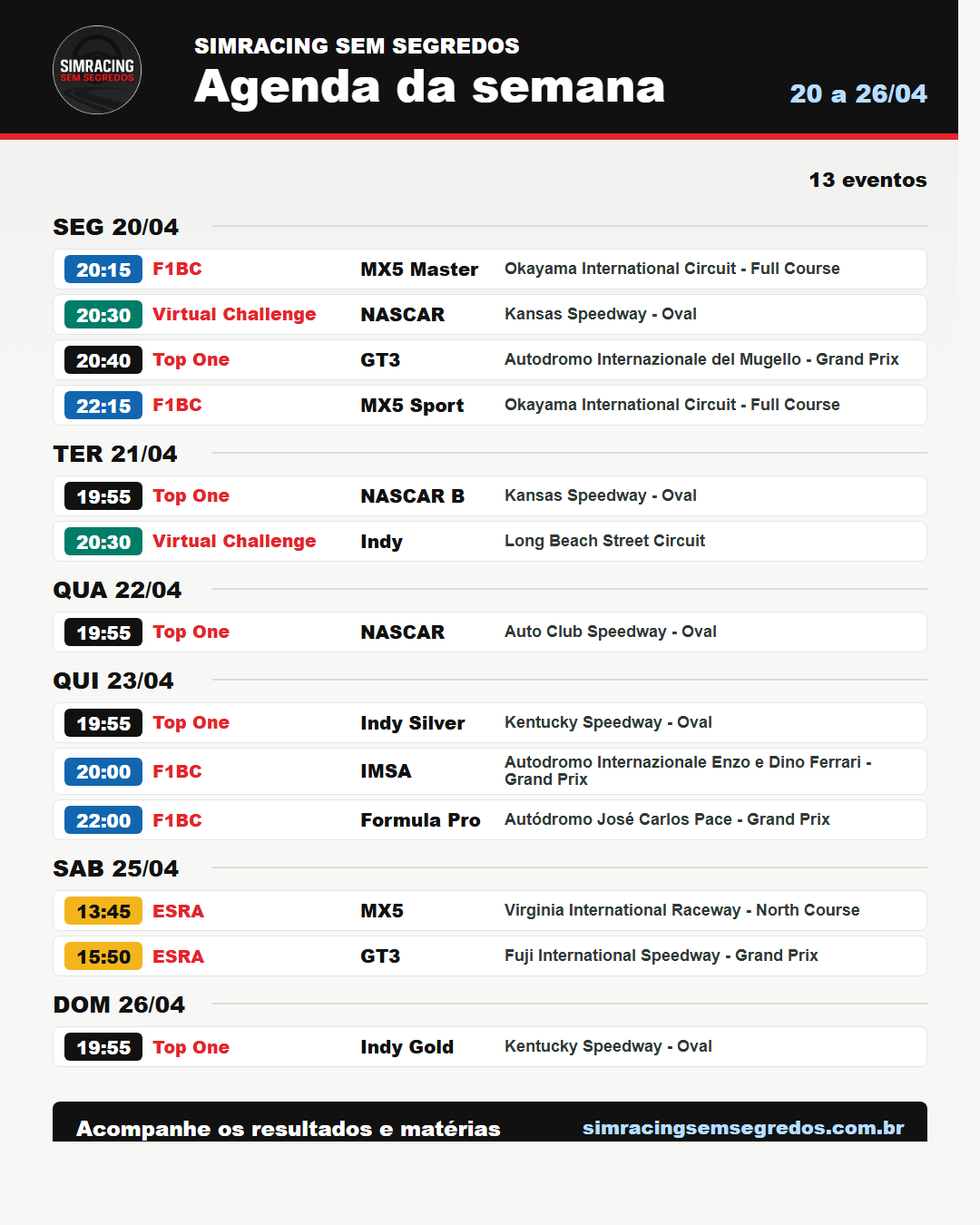 Agenda da semana no iRacing - 20 a 26/04
