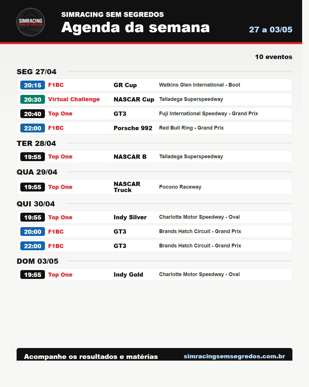 Agenda da semana no iRacing - 27 a 03/05