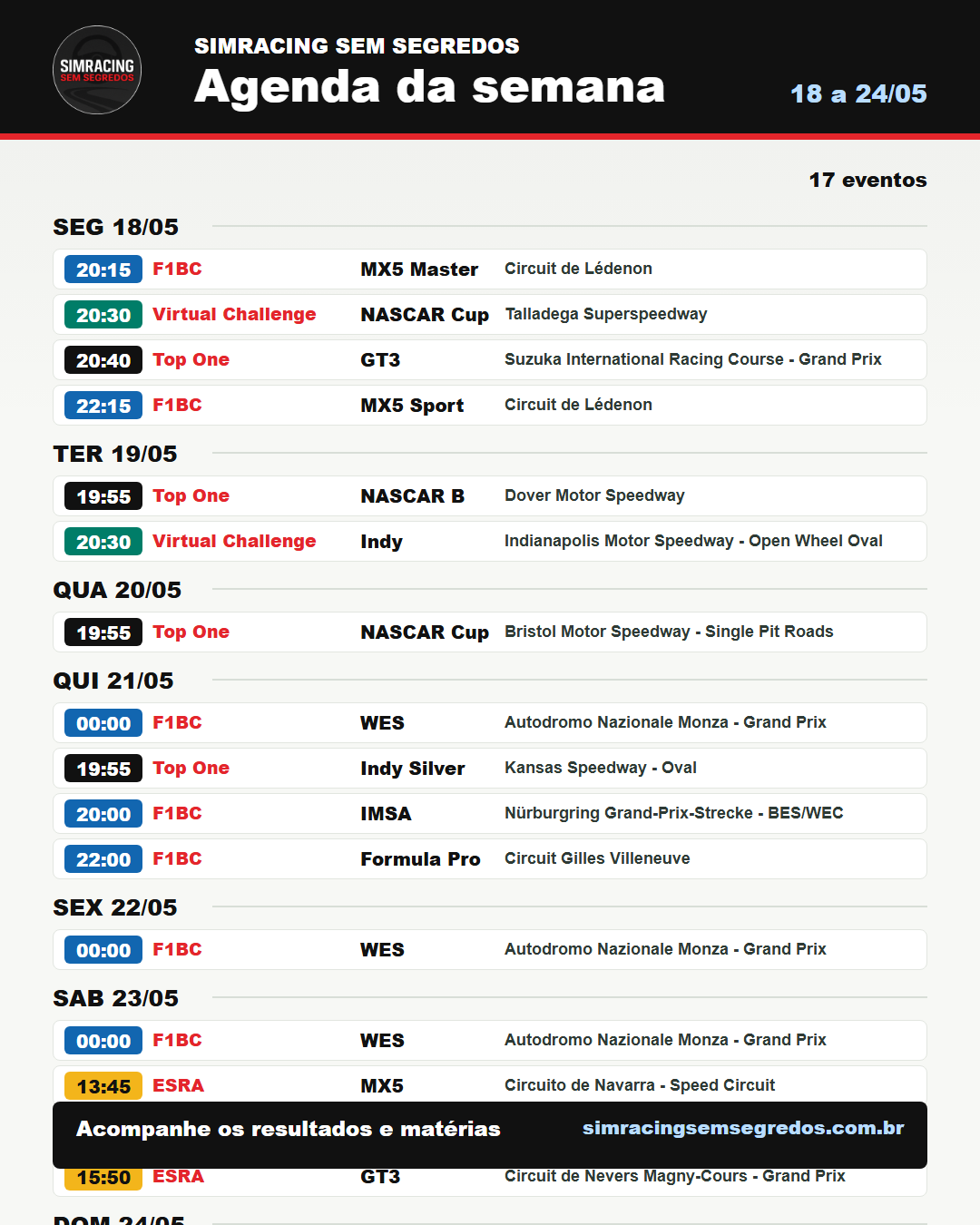 Agenda da semana no iRacing - 18 a 24/05