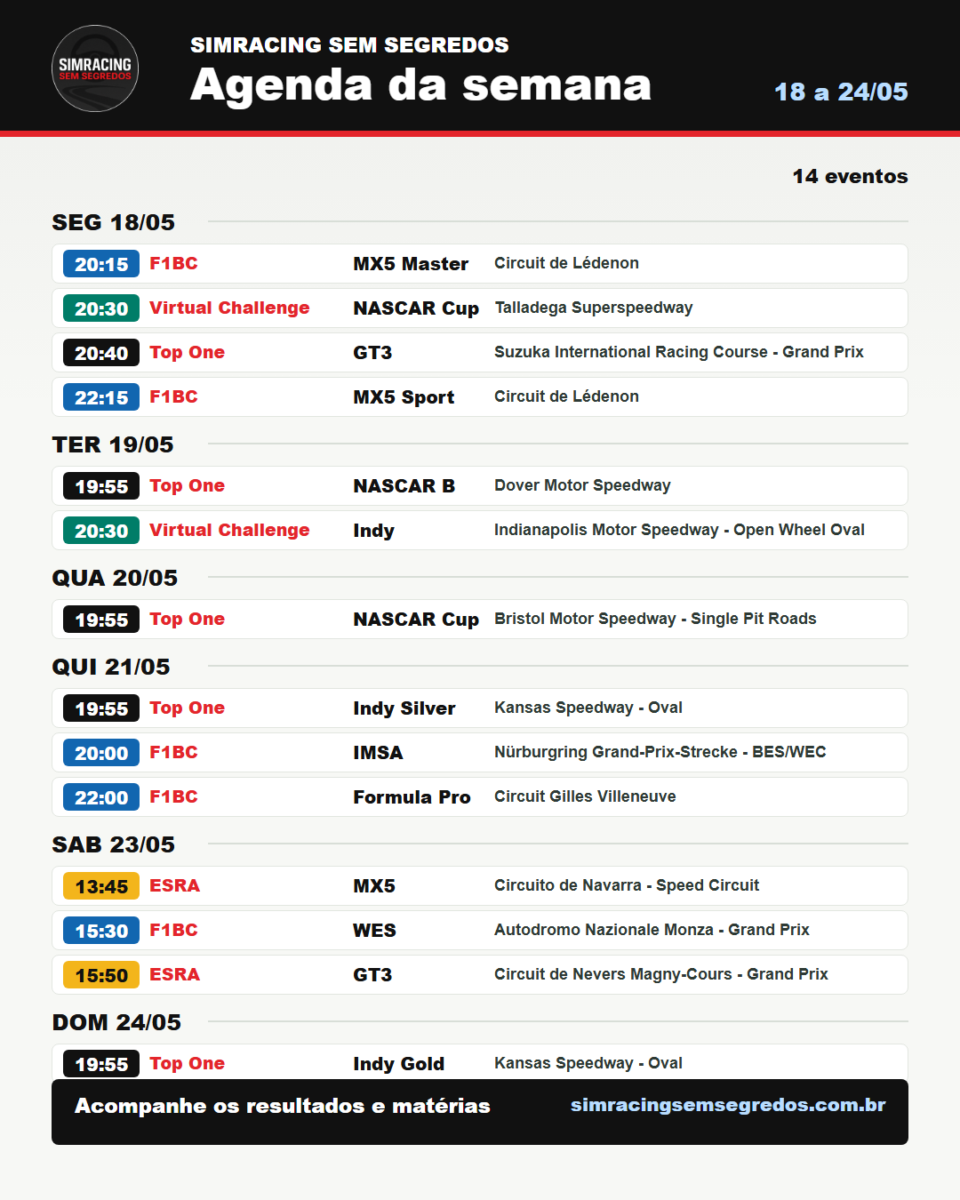 Agenda da semana no iRacing - 18 a 24/05