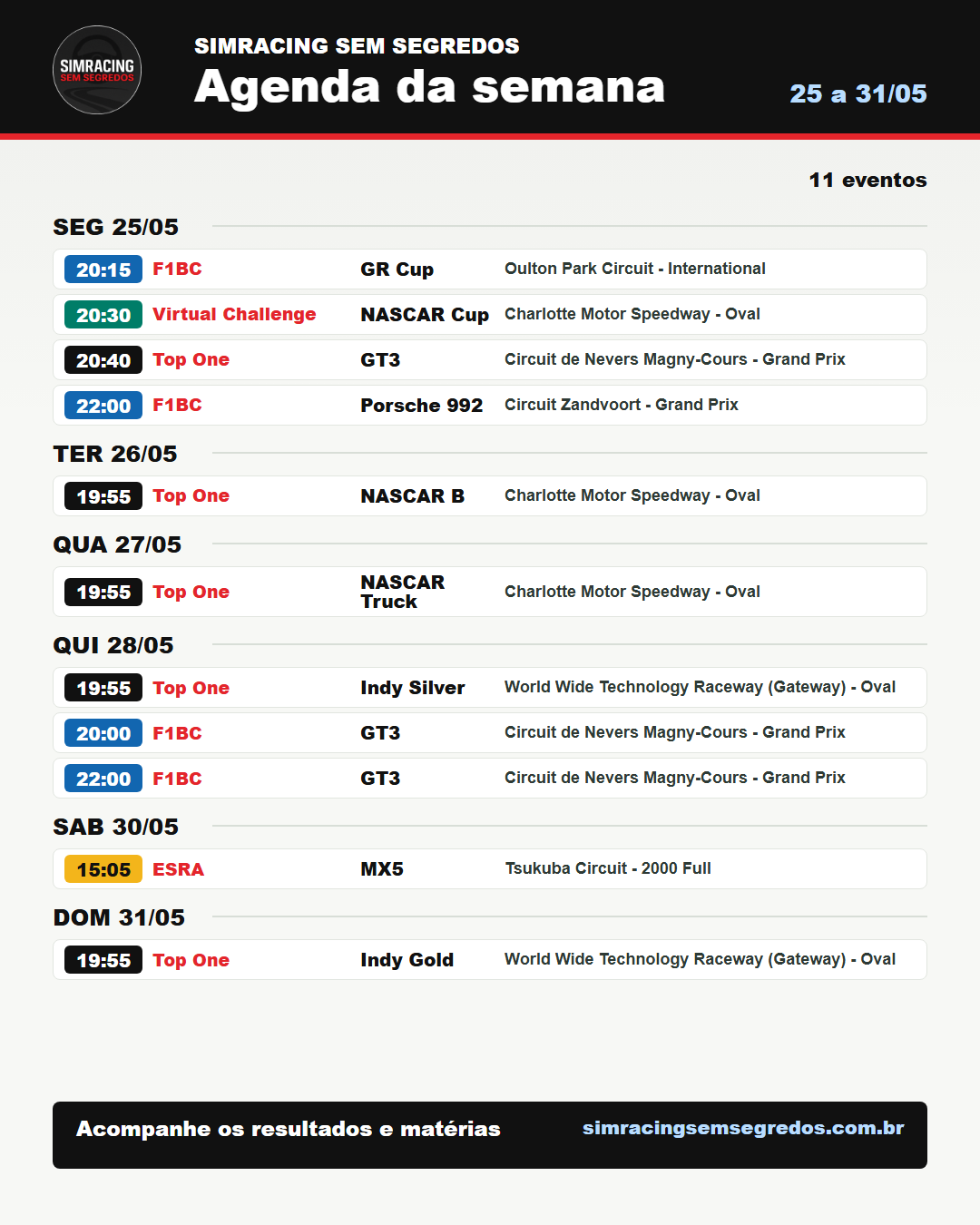 Agenda da semana no iRacing - 25 a 31/05
