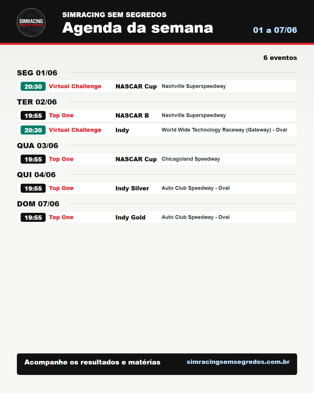 Agenda da semana no iRacing - 01 a 07/06