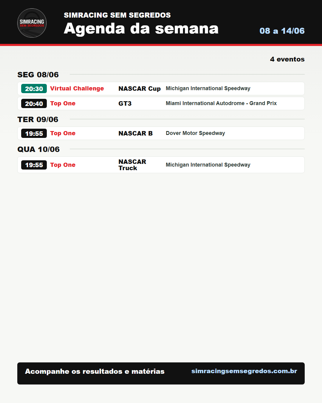 Agenda da semana no iRacing - 08 a 14/06