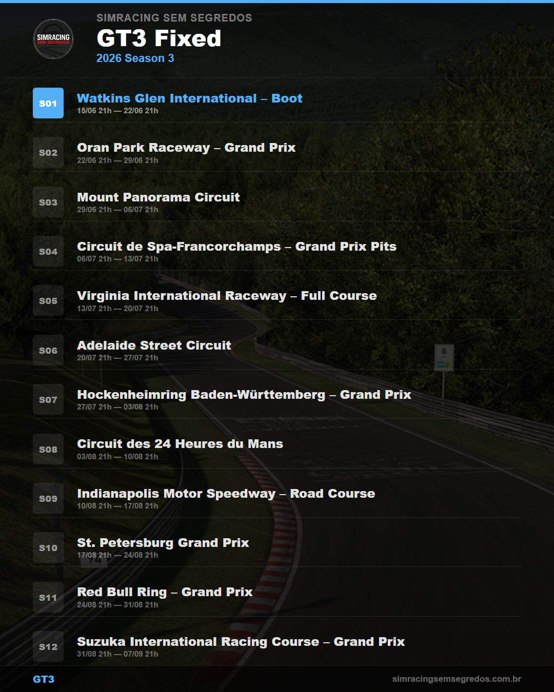 Calendario GT3 — 2026 Season 3