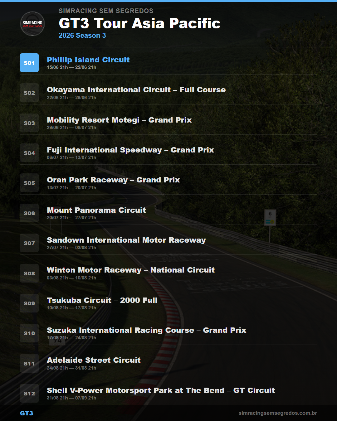Calendario GT3 — 2026 Season 3