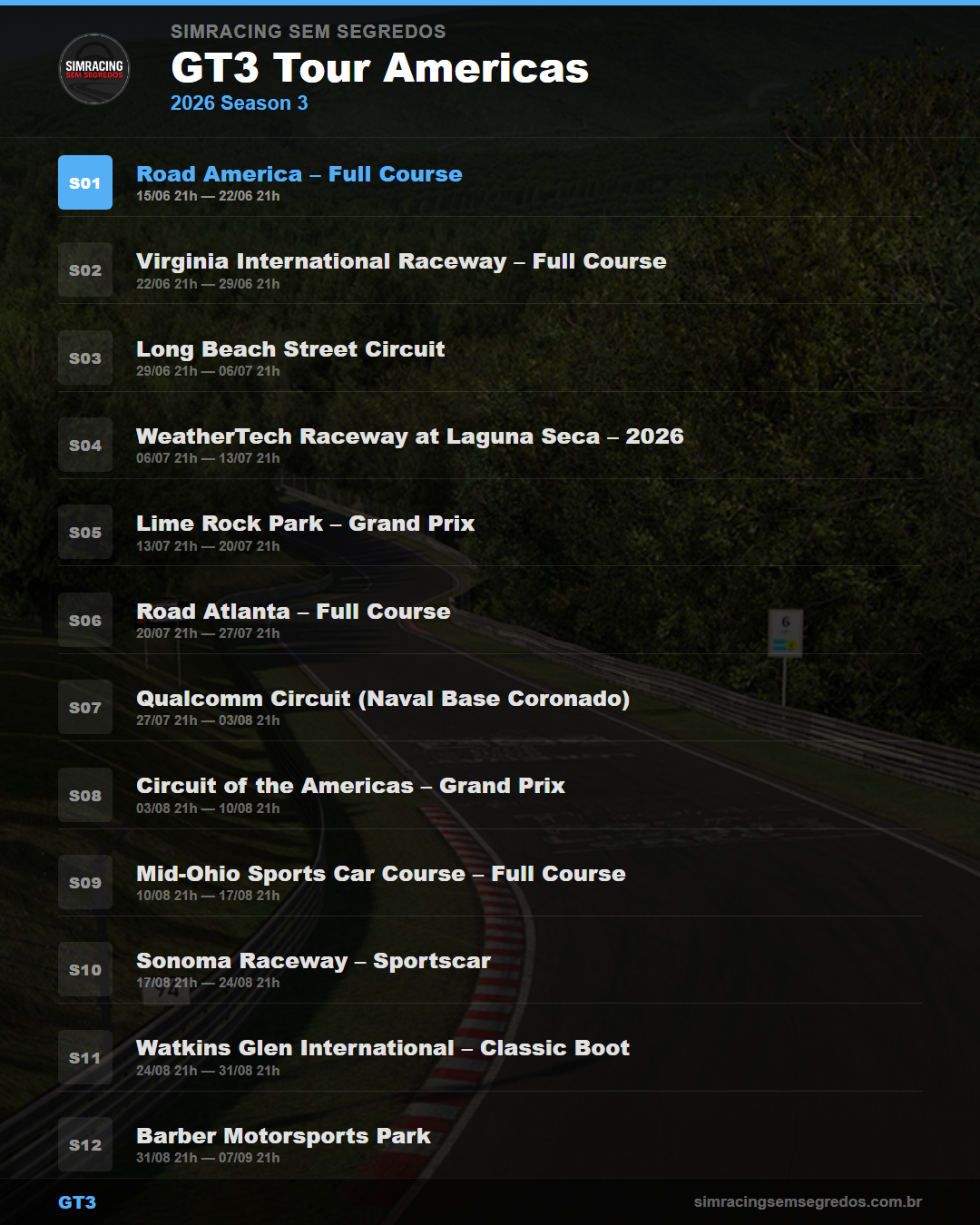 Calendario GT3 — 2026 Season 3