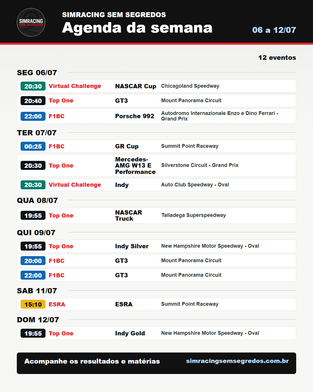 Agenda da semana no iRacing - 06 a 12/07