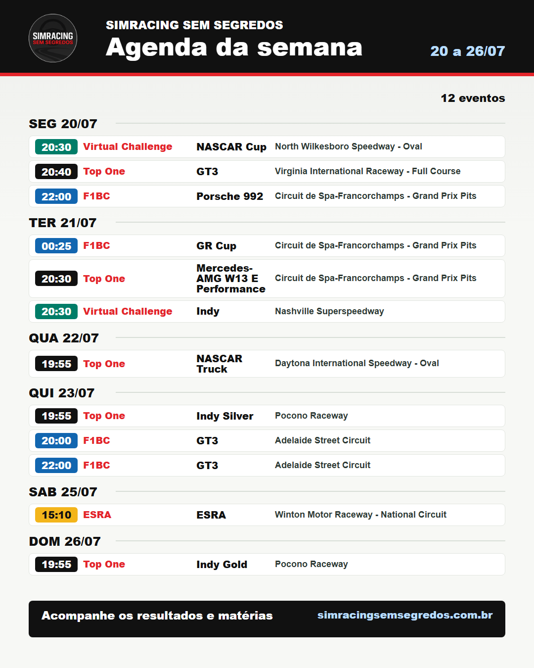 Agenda da semana no iRacing - 20 a 26/07
