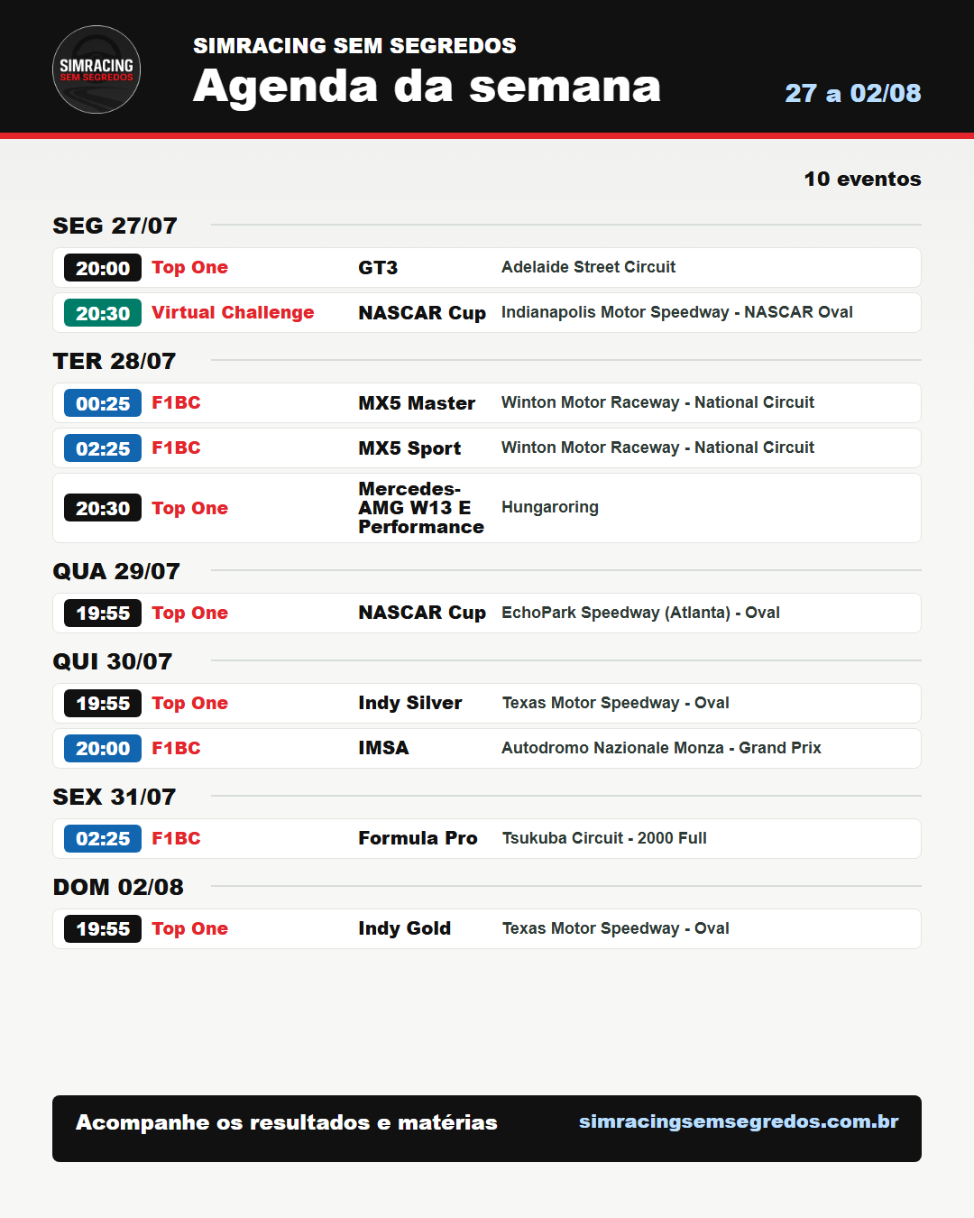 Agenda da semana no iRacing - 27 a 02/08