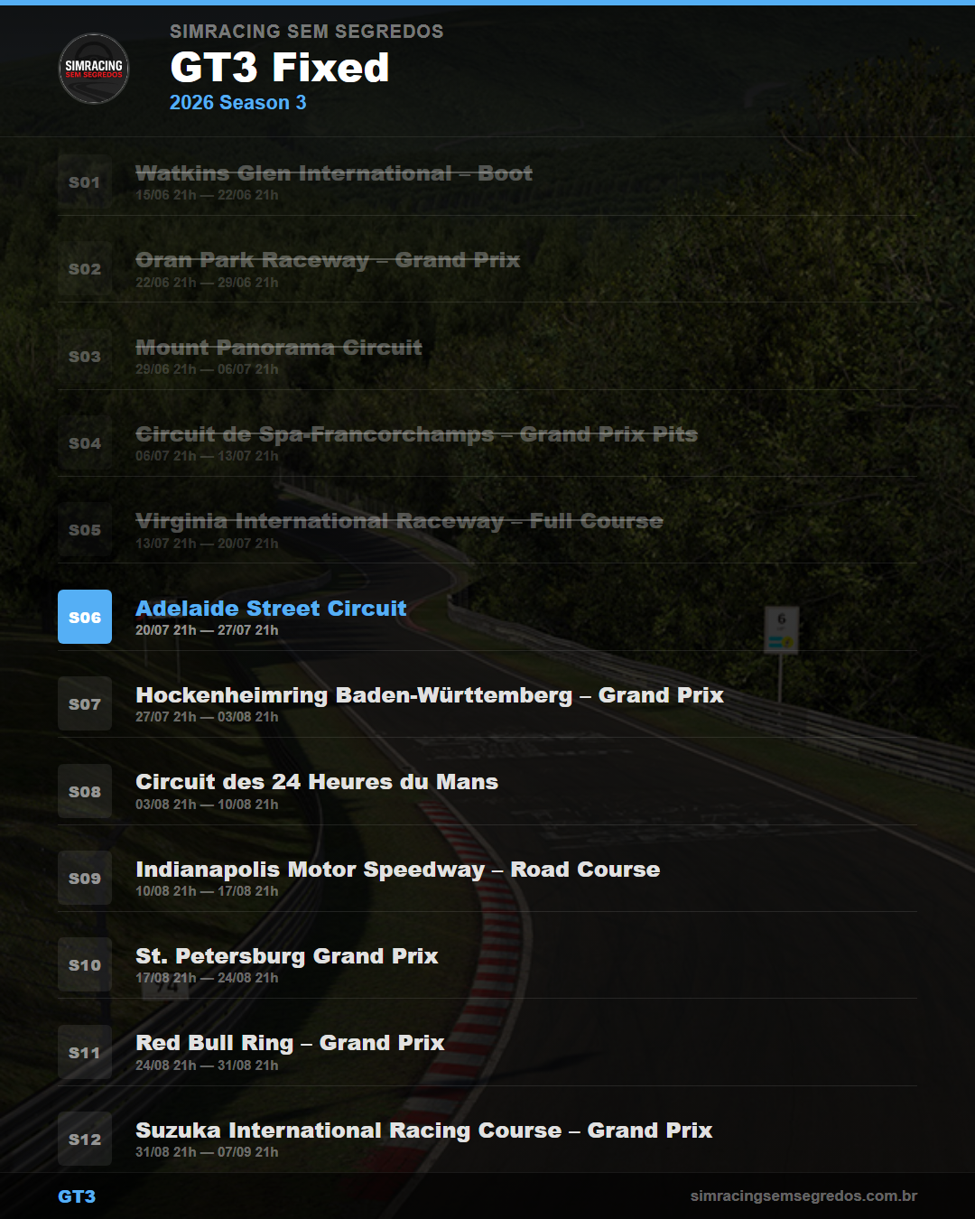 Calendario GT3 — 2026 Season 3