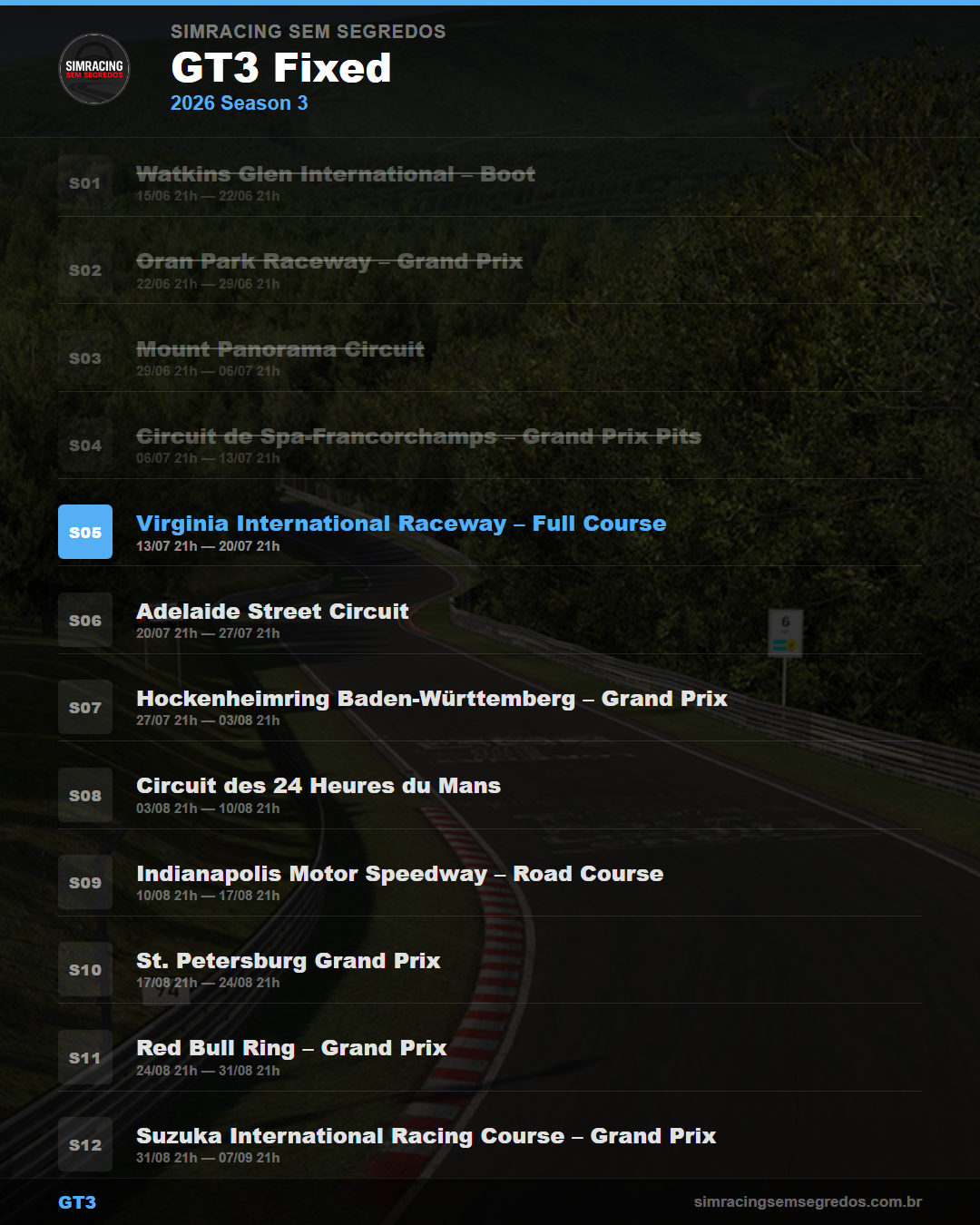 Calendario GT3 — 2026 Season 3