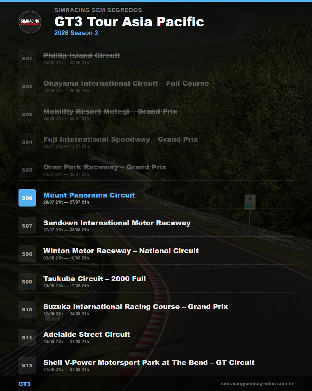 Calendario GT3 — 2026 Season 3