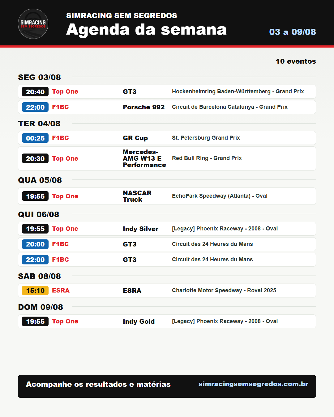 Agenda da semana no iRacing - 03 a 09/08