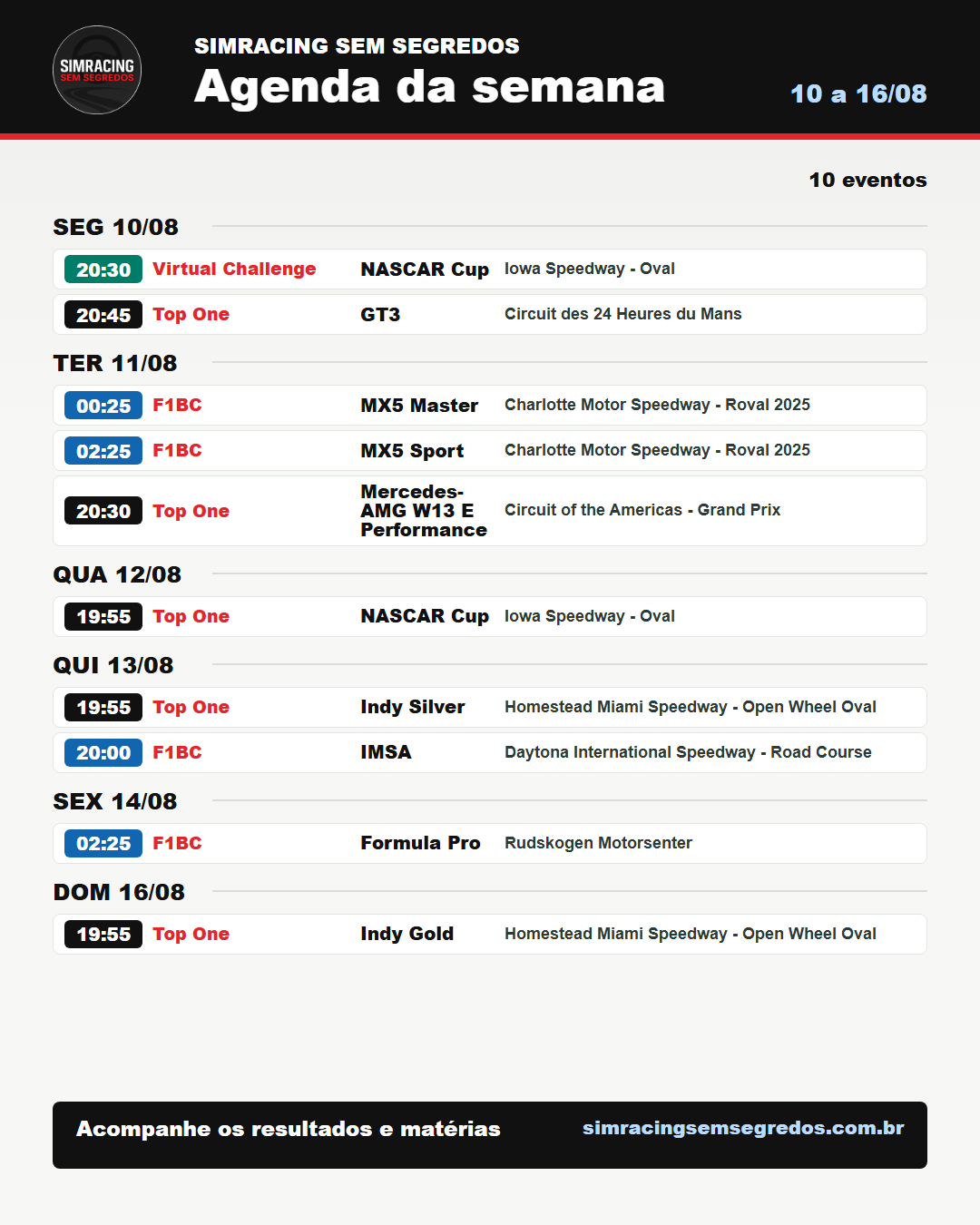 Agenda da semana no iRacing - 10 a 16/08