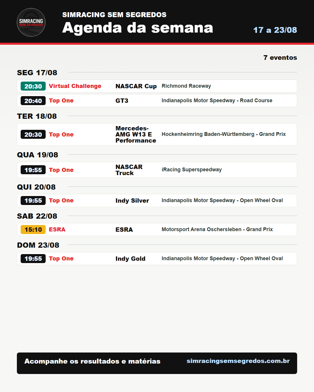 Agenda da semana no iRacing - 17 a 23/08