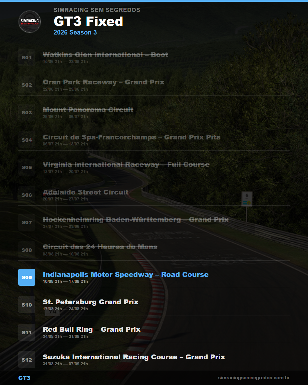 Calendario GT3 — 2026 Season 3