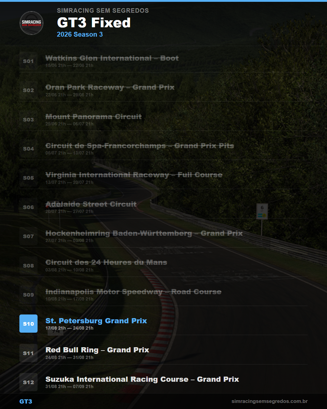 Calendario GT3 — 2026 Season 3
