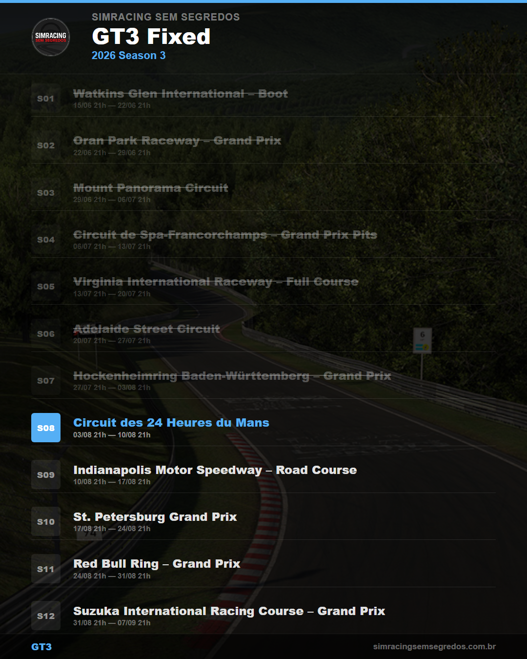 Calendario GT3 — 2026 Season 3