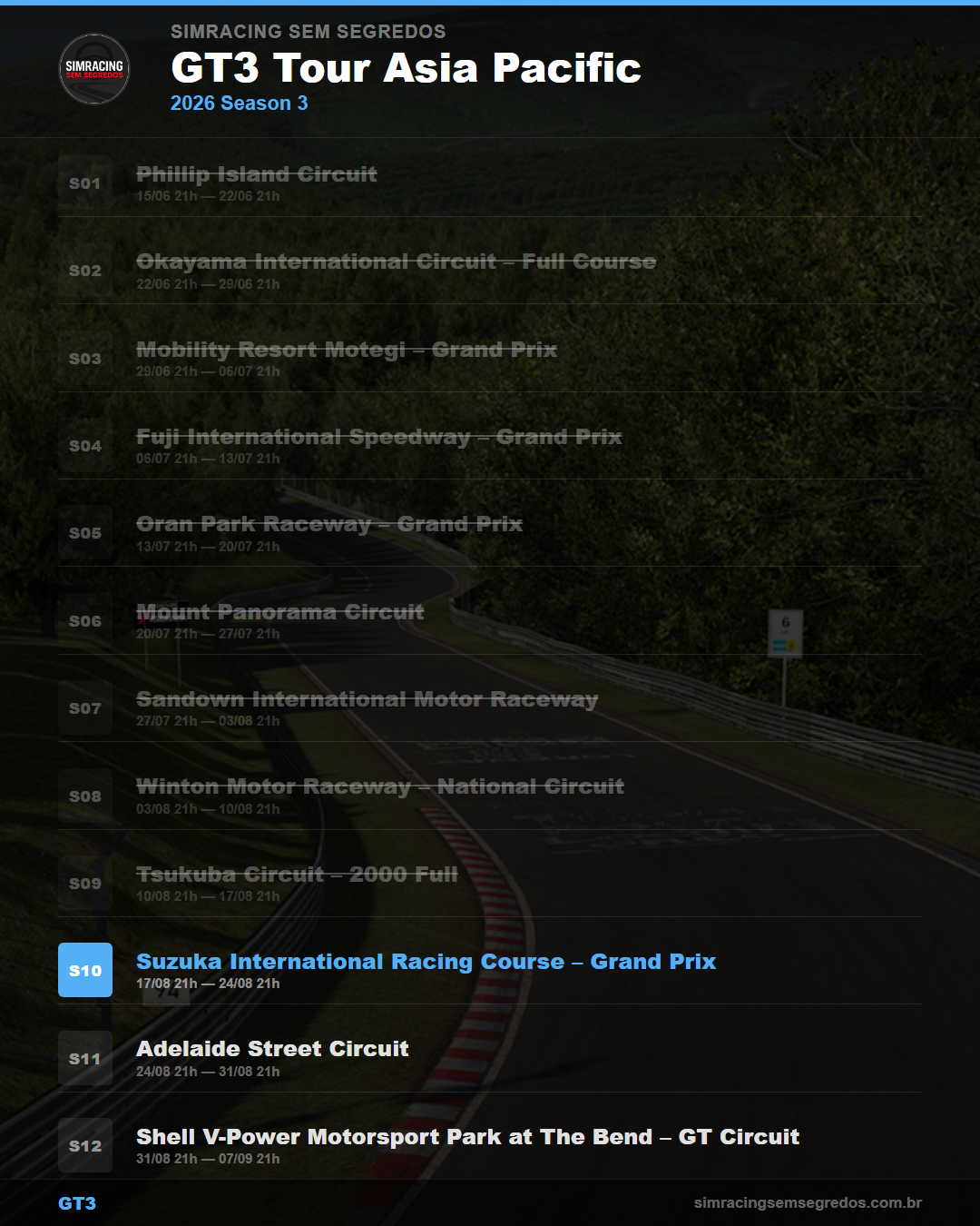 Calendario GT3 — 2026 Season 3
