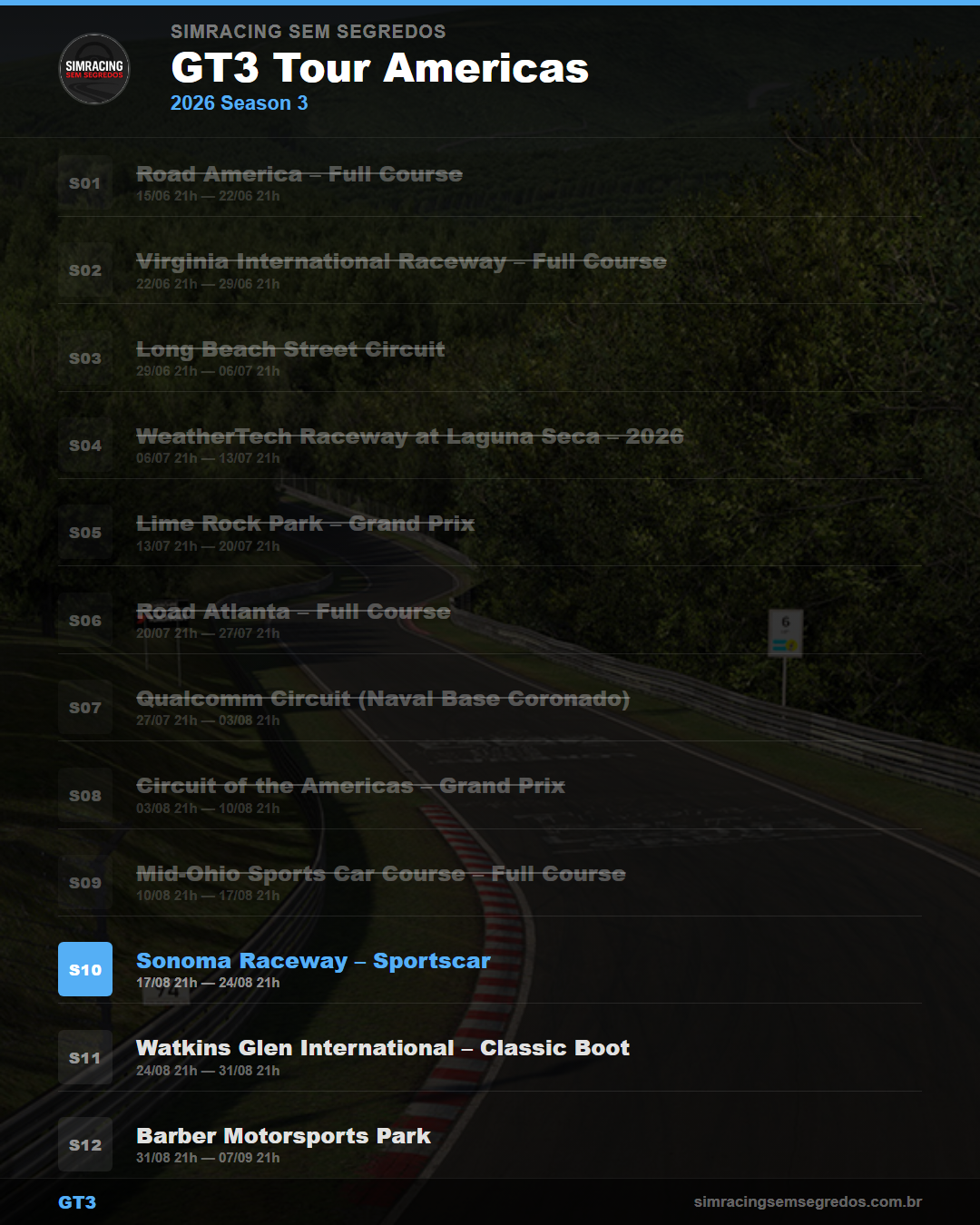 Calendario GT3 — 2026 Season 3
