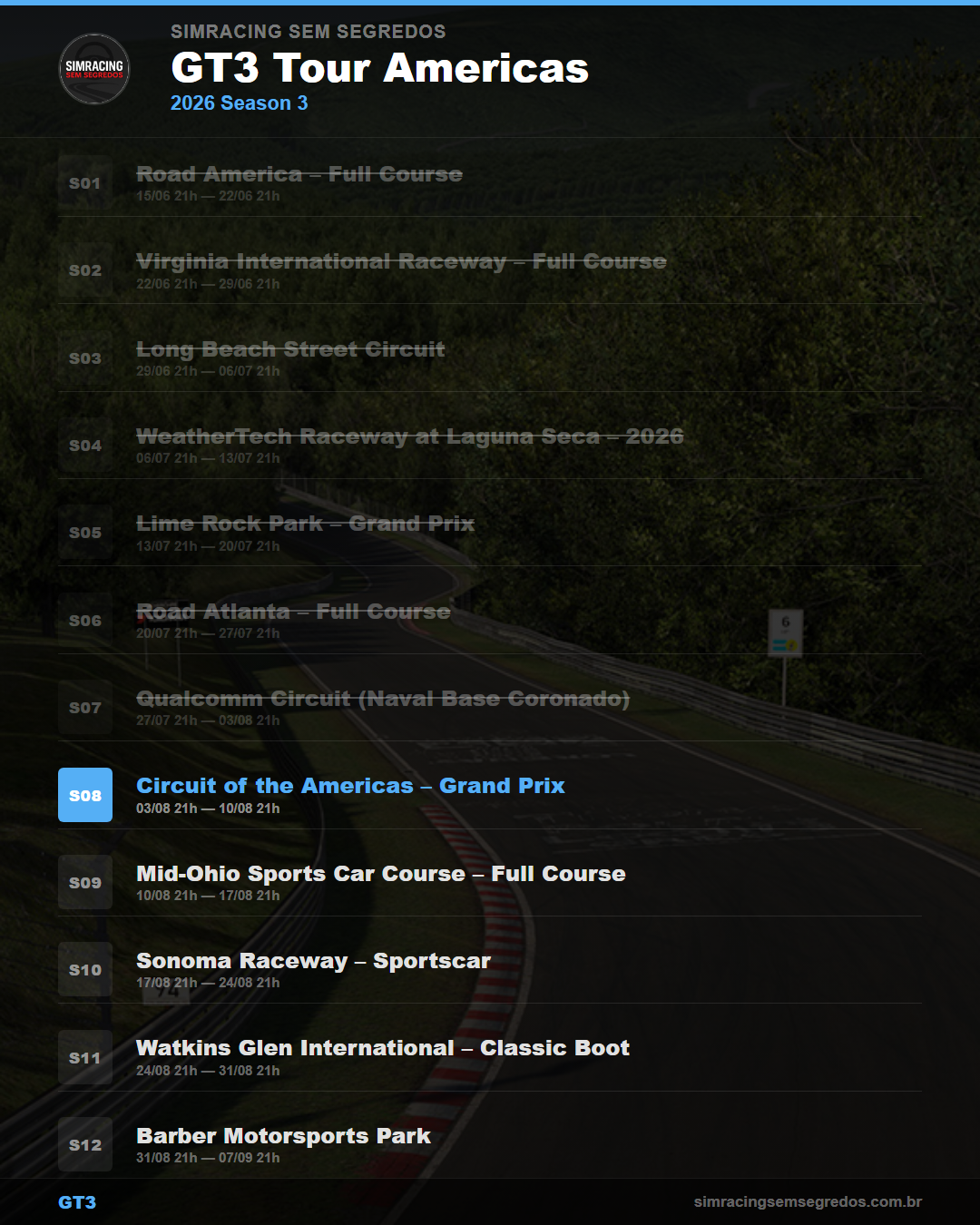 Calendario GT3 — 2026 Season 3