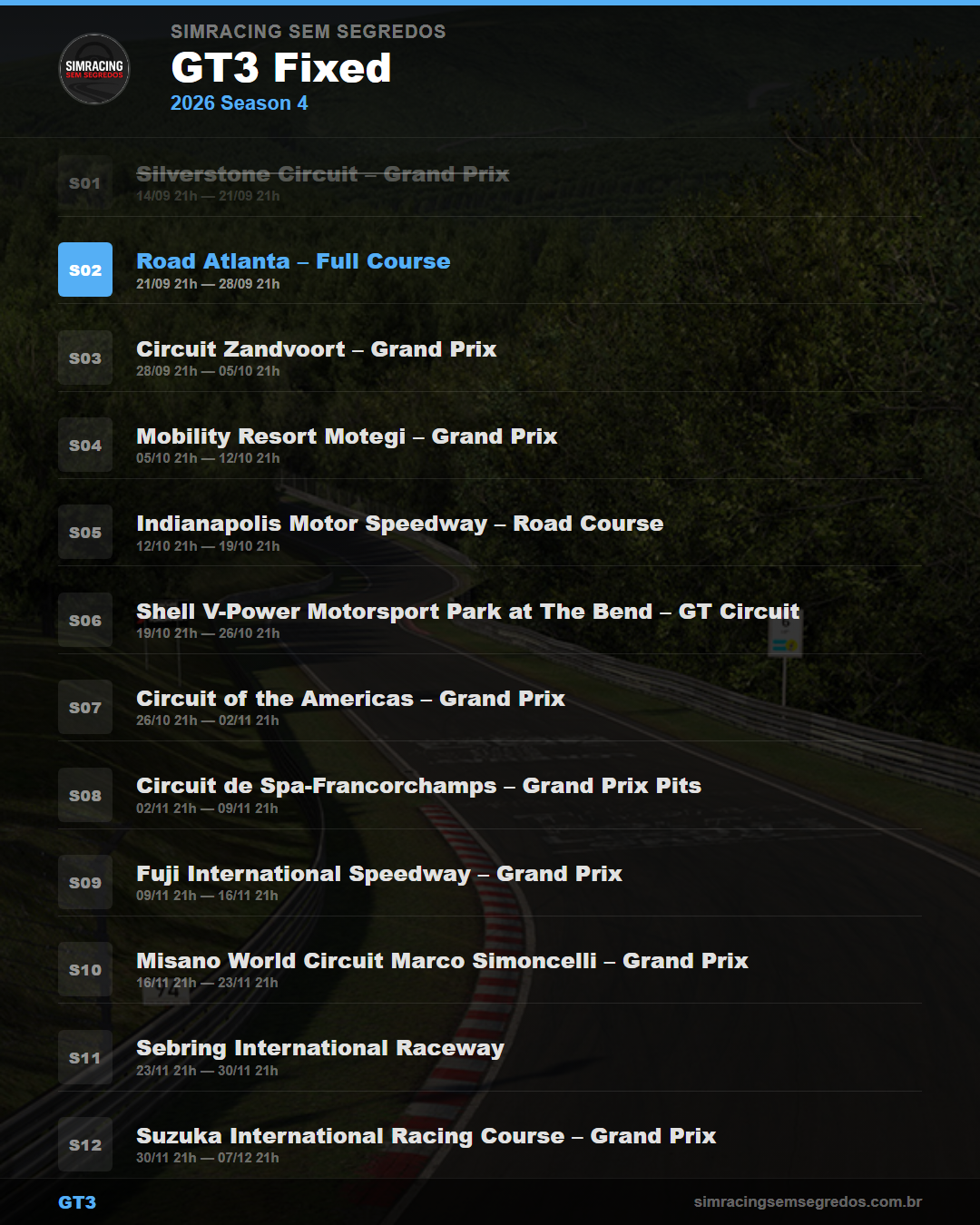 Calendario GT3 — 2026 Season 4