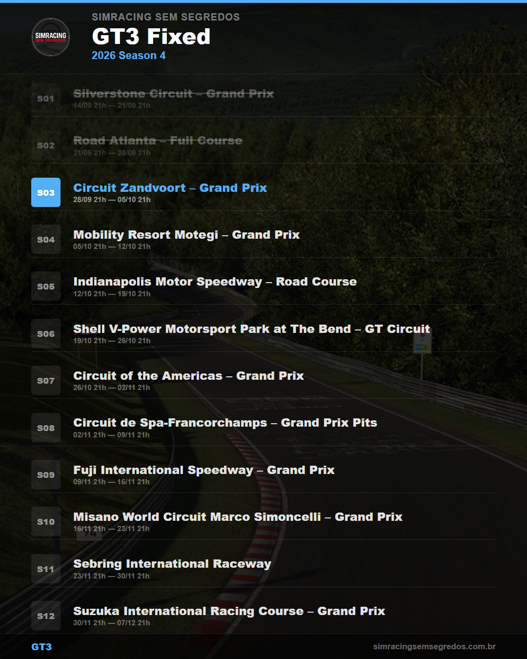 Calendario GT3 — 2026 Season 4