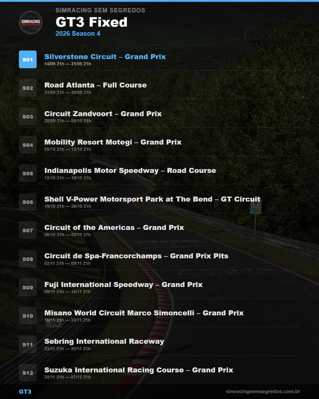 Calendario GT3 — 2026 Season 4