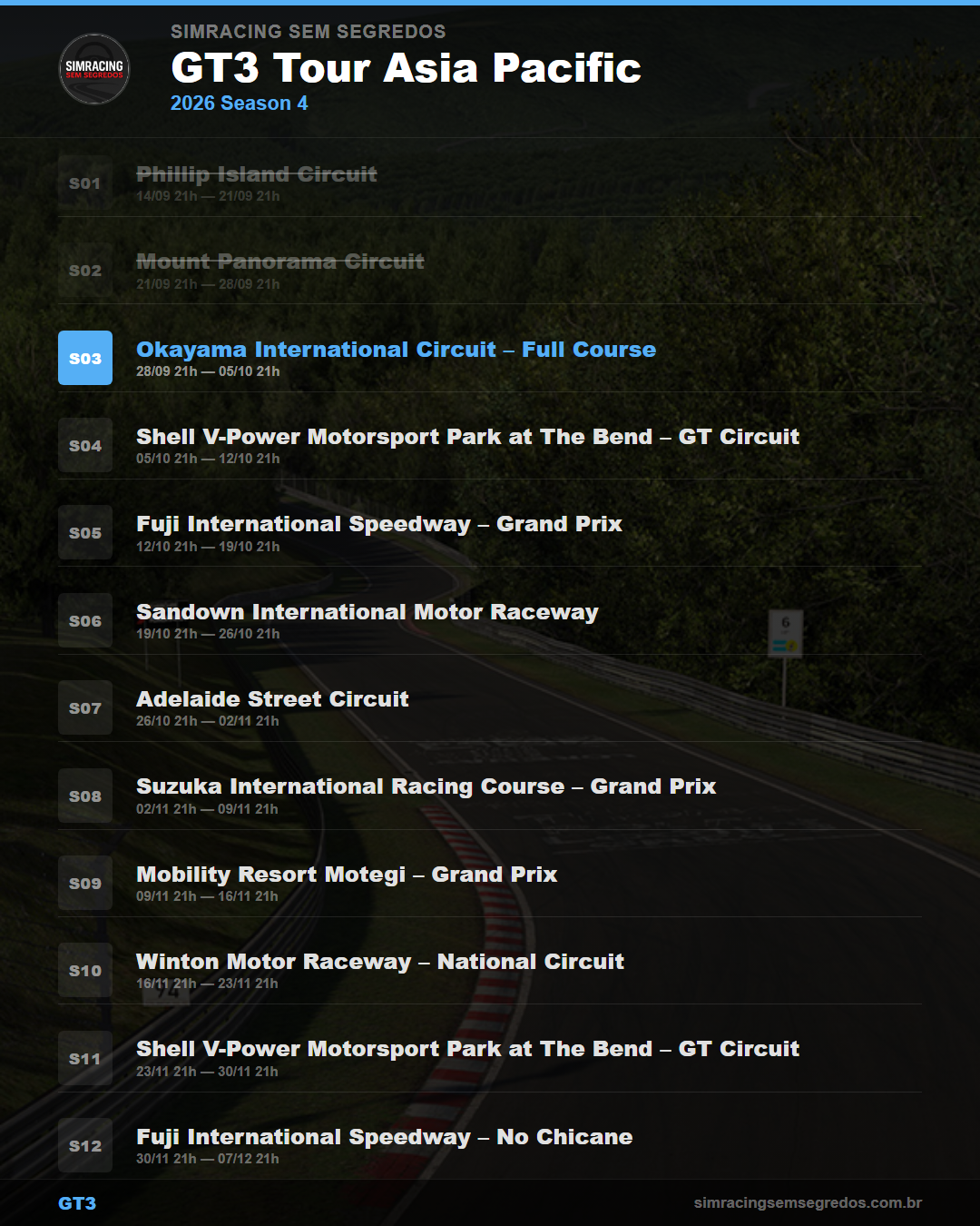 Calendario GT3 — 2026 Season 4