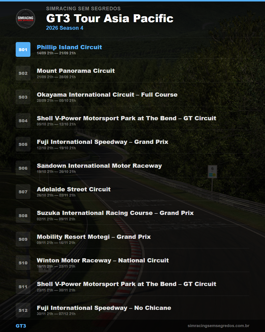 Calendario GT3 — 2026 Season 4