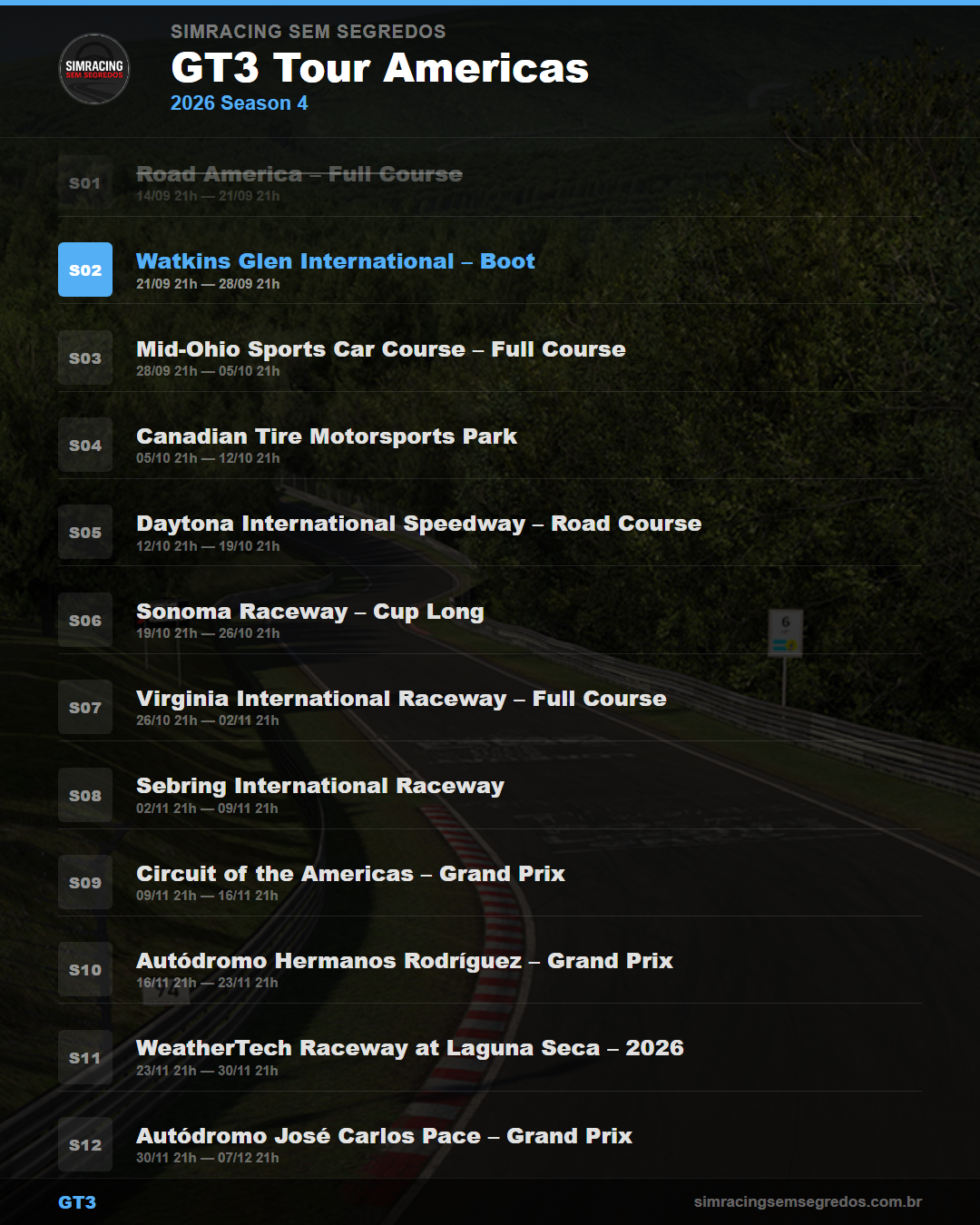 Calendario GT3 — 2026 Season 4