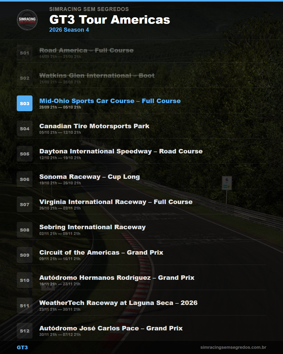 Calendario GT3 — 2026 Season 4