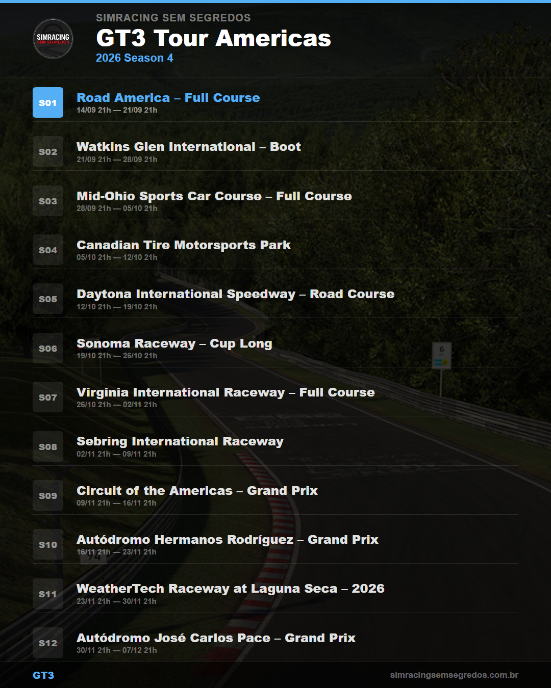 Calendario GT3 — 2026 Season 4