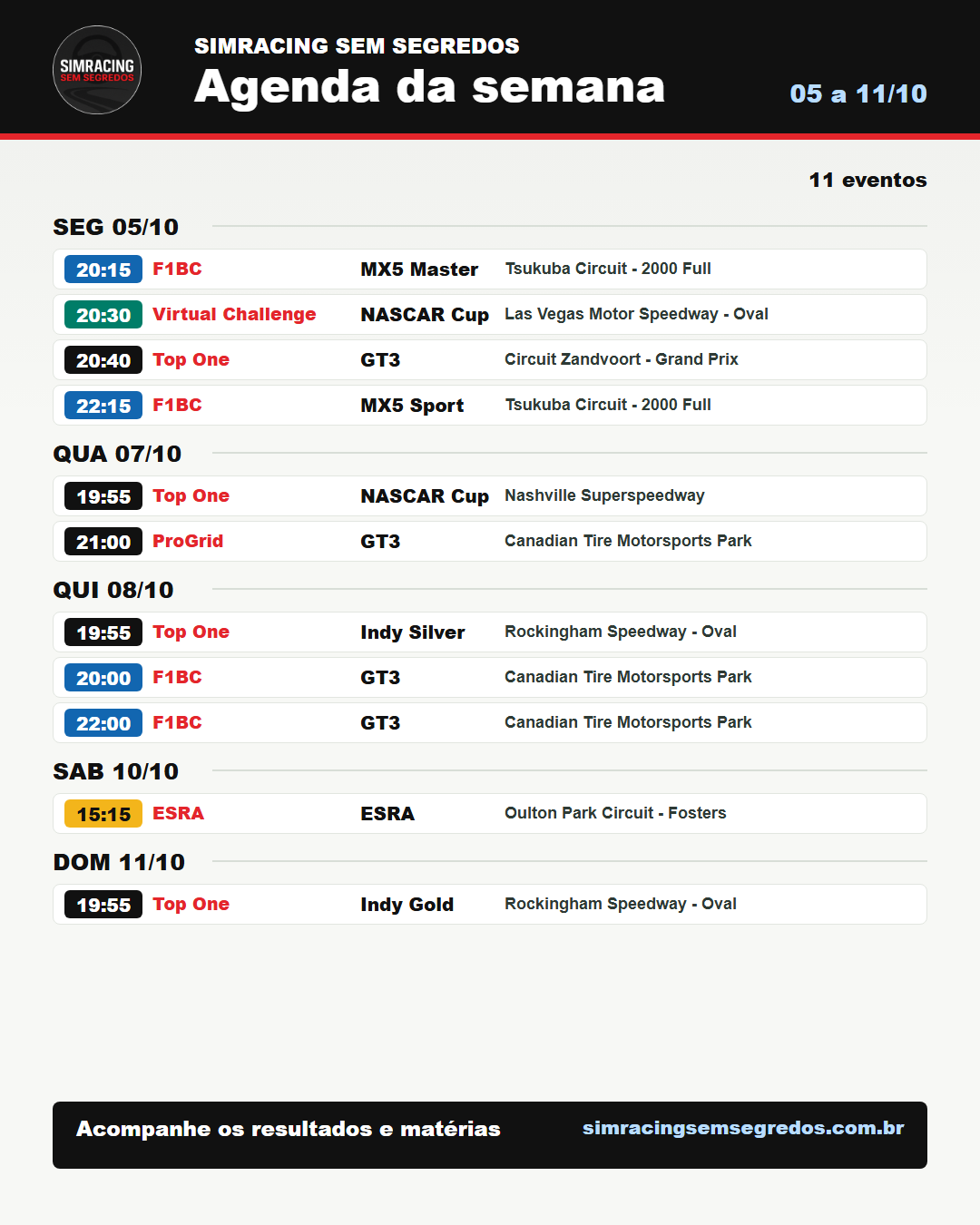 Agenda da semana no iRacing - 05 a 11/10