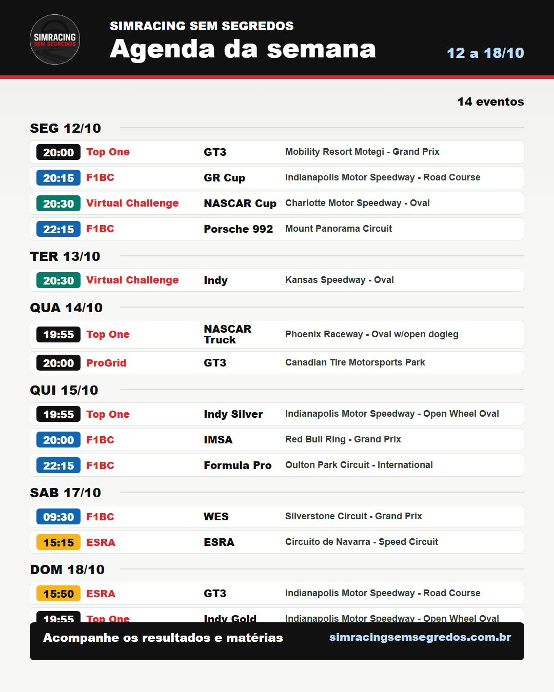 Agenda da semana no iRacing - 12 a 18/10