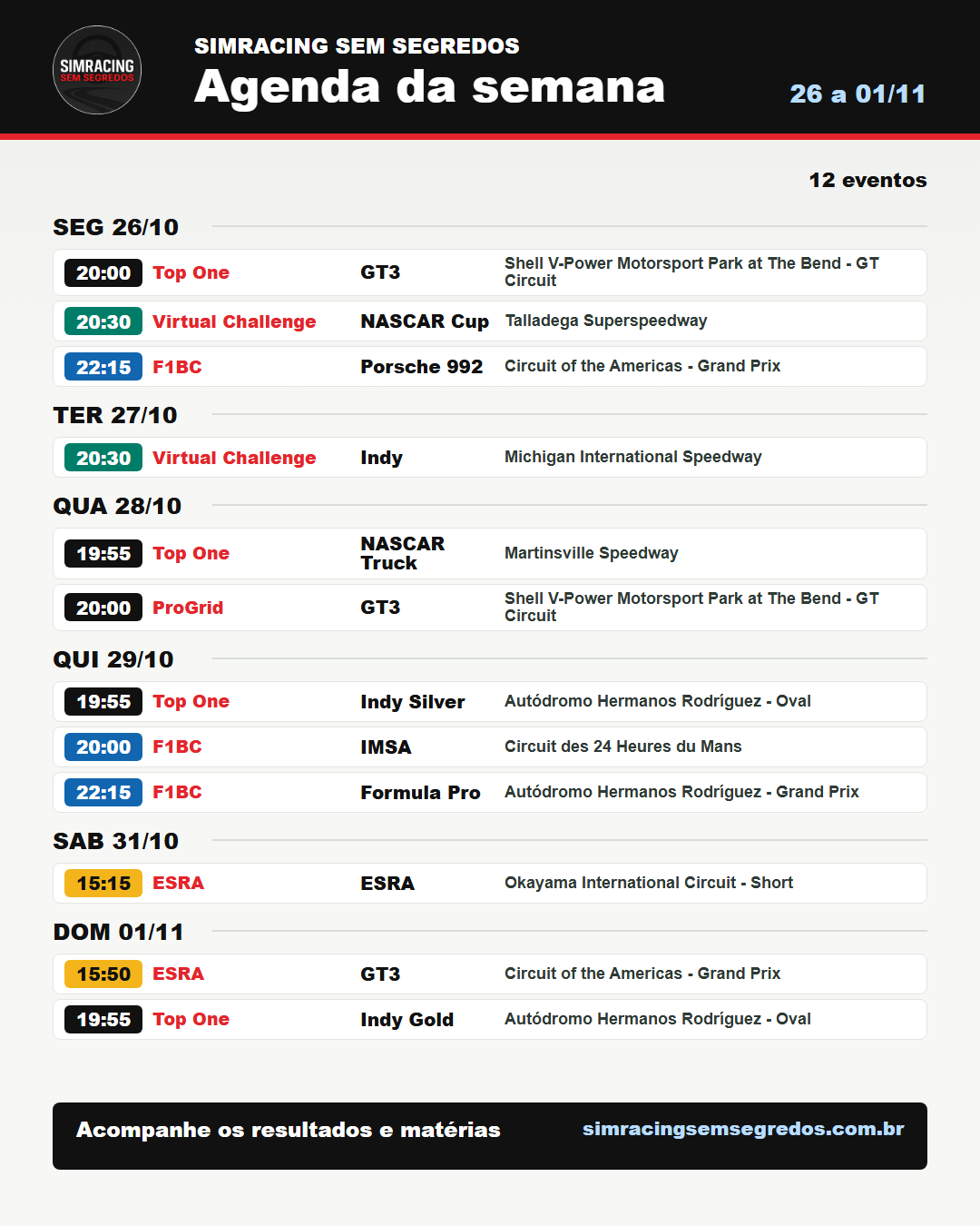 Agenda da semana no iRacing - 26 a 01/11