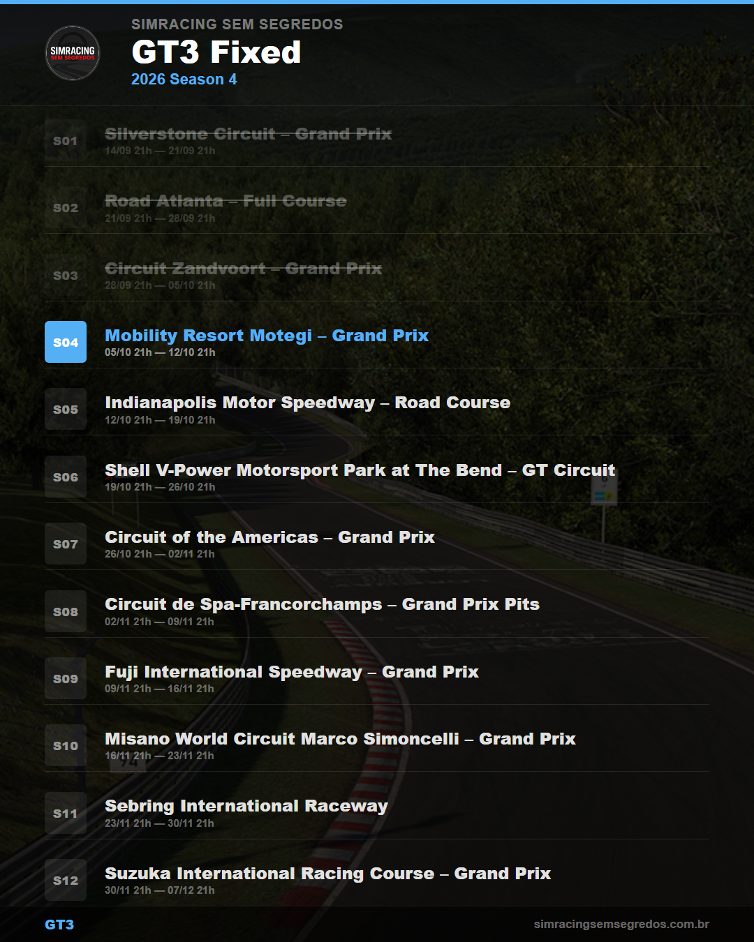 Calendario GT3 — 2026 Season 4
