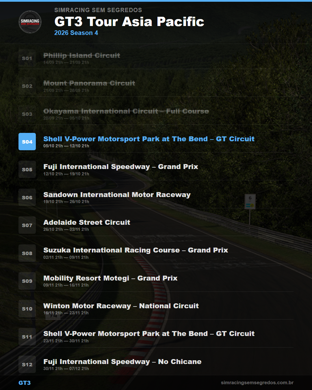 Calendario GT3 — 2026 Season 4