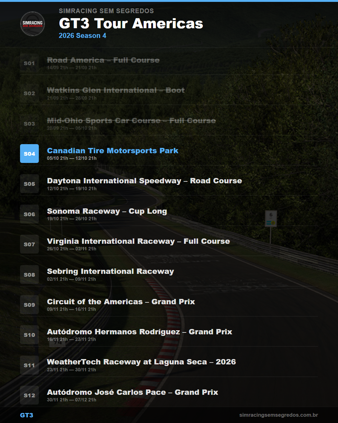 Calendario GT3 — 2026 Season 4